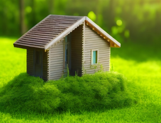 A small wooden house with a small roof on top of a green grass field.