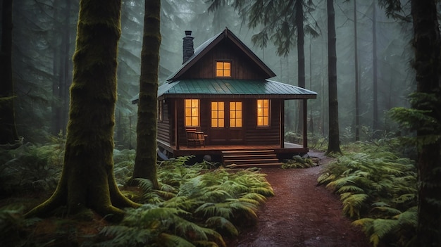 Photo a small wooden house in the woods with a green roof