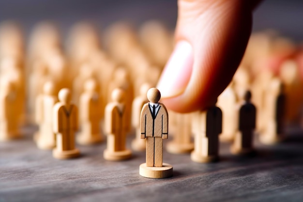 Photo small wooden man standing in front of group of smaller wooden people generative ai