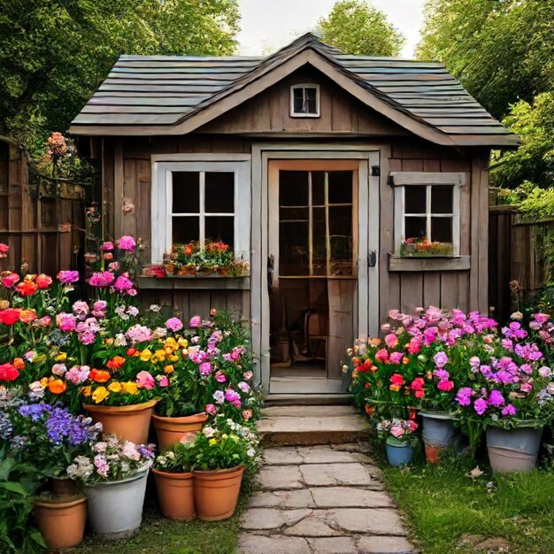 a small wooden shed with flowers and a door that says  garden