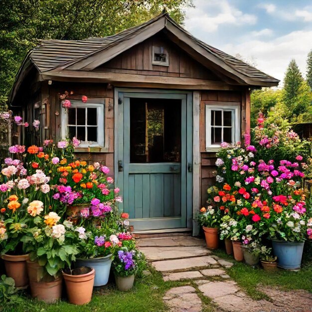 a small wooden shed with flowers in pots and a door that says garden