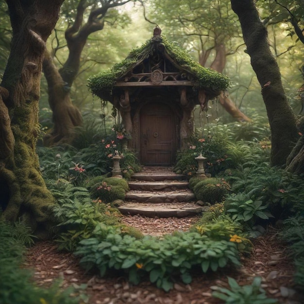 a small wooden shrine in a forest with a path leading to it