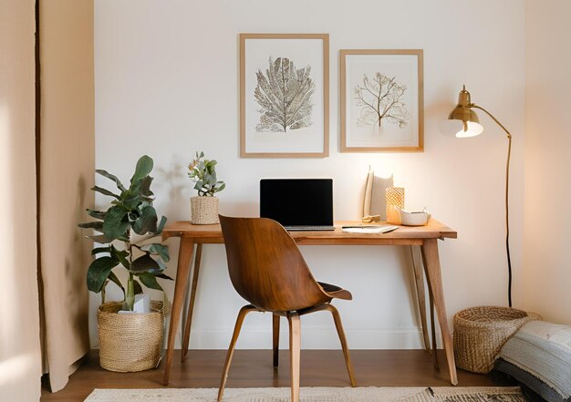 Photo a small workspace with laptop and wooden desk