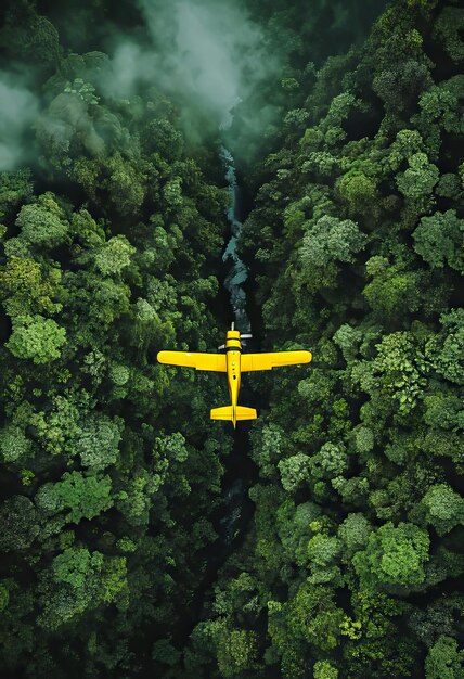 Photo a small yellow airplane flying over a lush green forest