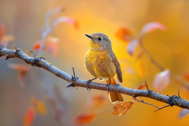 A small yellow bird perched on a tree branch ready to take flight