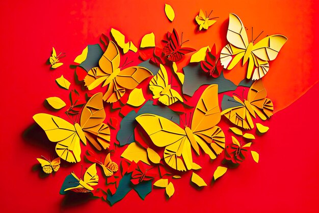 Small yellow butterflies on bright red background with art paper collage created with generative ai