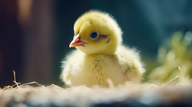 A small yellow chick sits on a bed of white feathers Generative AI