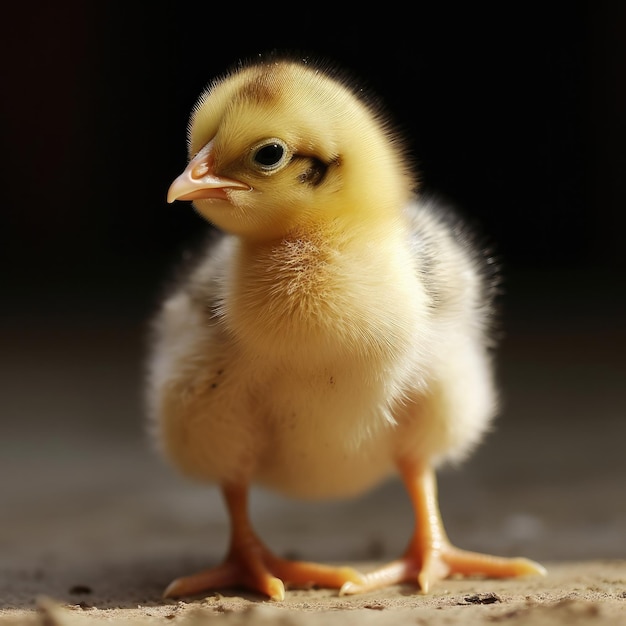 A small yellow chicken with black markings on its face is standing on a dirt surface.