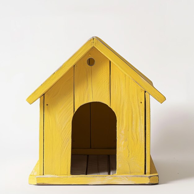 Photo small yellow dog house front view photorealism white background