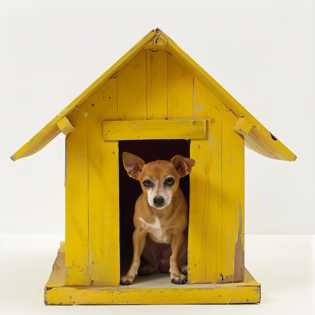 small yellow dog house front view photorealism white background