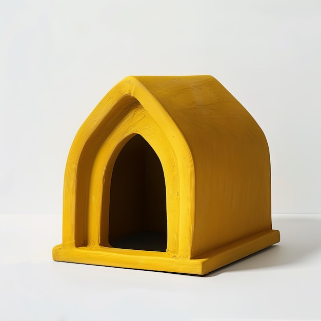 small yellow dog house front view photorealism white background