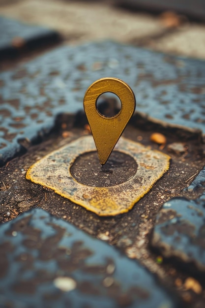 Photo a small yellow pin sitting on the side of a road possibly marking a location or providing directions