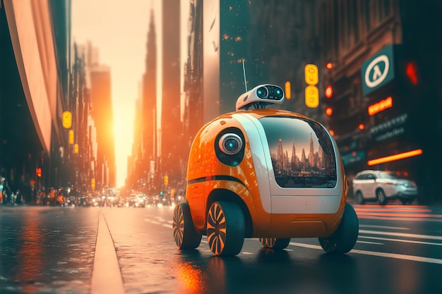 Small yellow robot taxi rides along big city street Artificial intelligence controls the car Generative AI illustration