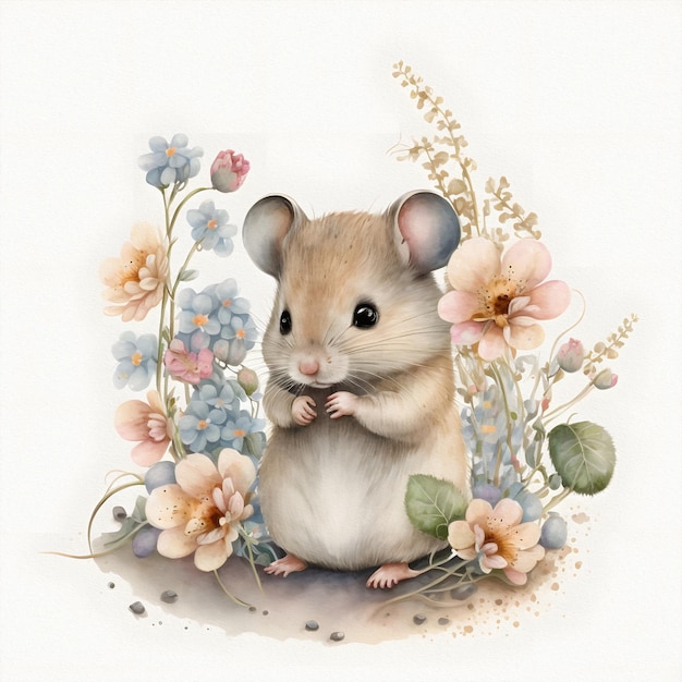 Small young mouse is sitting in field among wildflowers and grass Watercolor illustration