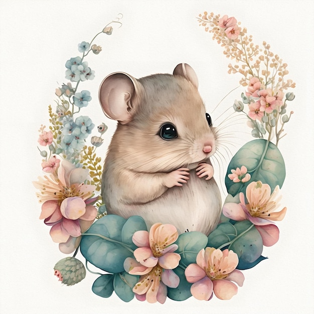 Small young mouse is sitting in field among wildflowers and grass Watercolor illustration