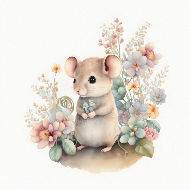 Small young mouse is sitting in field among wildflowers and grass Watercolor illustration