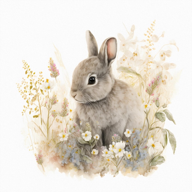 Small young rabbit is sitting in field among wild flowers and grass Watercolor illustration