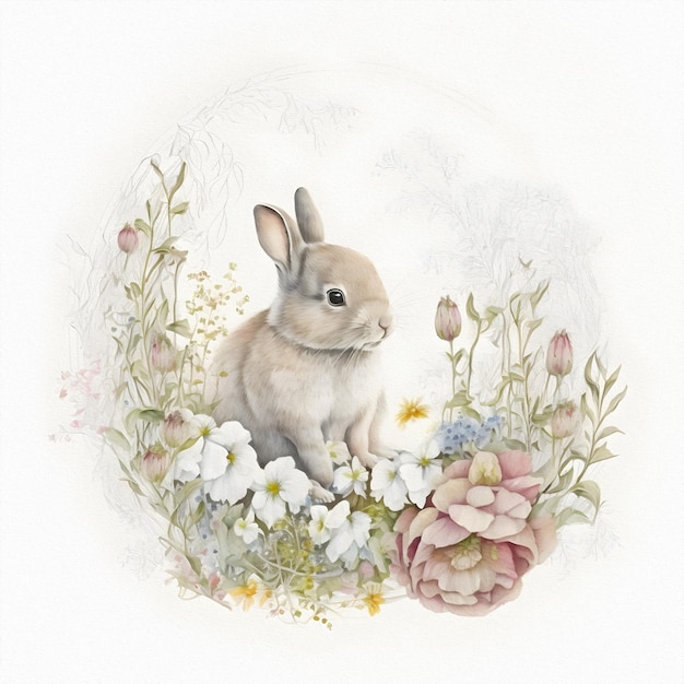 Small young rabbit is sitting in field among wild flowers and grass Watercolor illustration