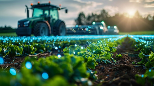 Smart Agriculture Technology A depiction of a hightech farm using AI and robotics for precision agriculture and sustainable practices