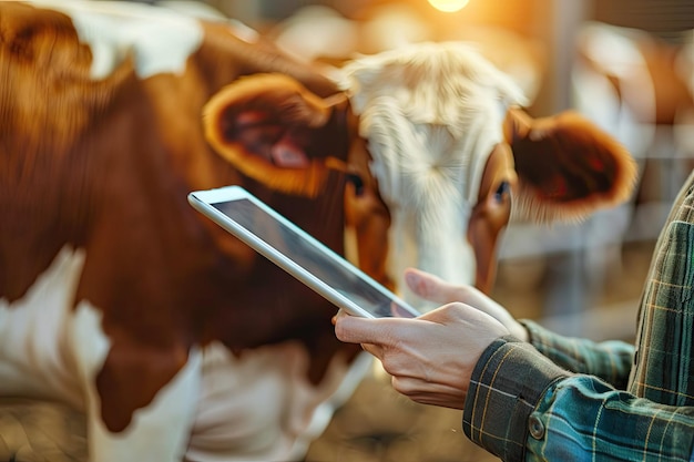 Photo smart agritech livestock farminghands using digital tablet with blurred cow as background