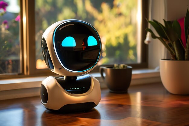 Smart AI robot with glowing eyes on a wooden table near a window surrounded by plants Advanced