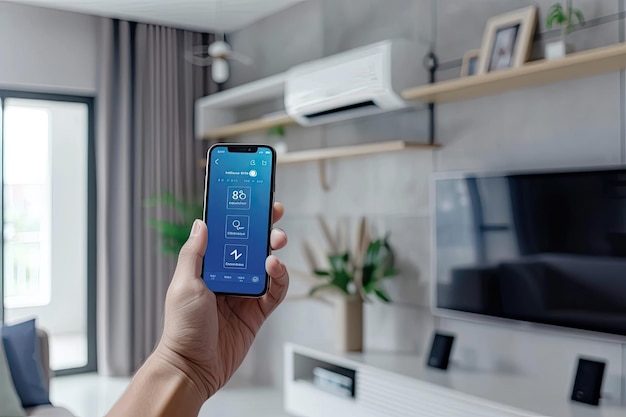 Photo smart air conditioner control using smartphone app innovative home technology concept