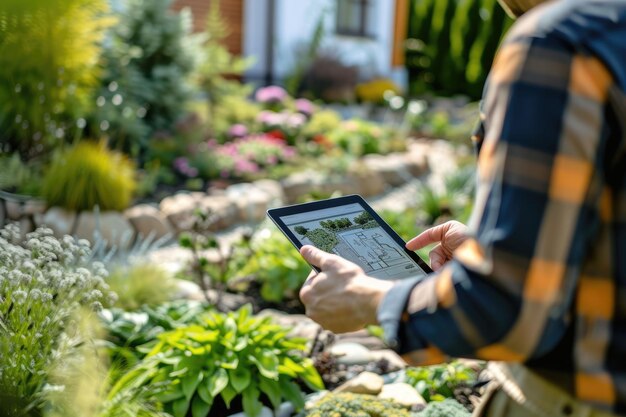 Photo smart architect holding tablet while record video at landscape in garden aig