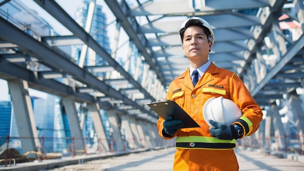 Smart asian engineer manager with safety uniform checking site construction with steel and concrete