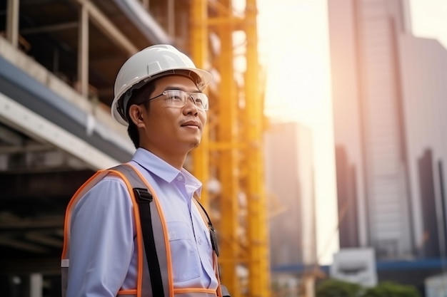 smart asian engineer manager with safety uniform checking site construction with steel