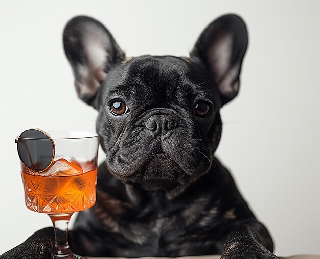 Smart black dog wearing sunglass and drinking a fruit juice stock photos