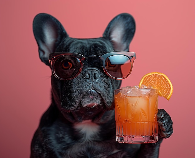 Smart black dog wearing sunglass and drinking a fruit juice stock photos