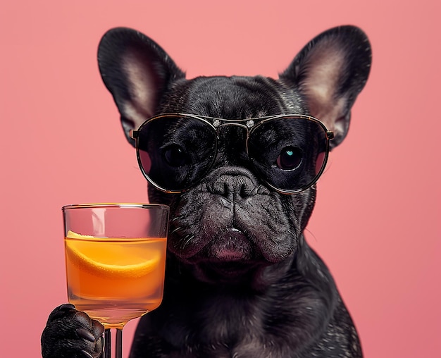 Smart black dog wearing sunglass and drinking a fruit juse stock photos