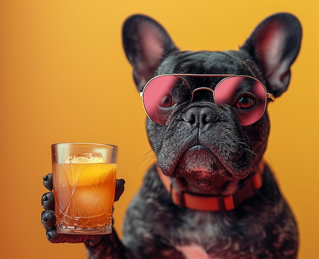 Smart black dog wearing sunglass and drinking a fruit juse stock photos