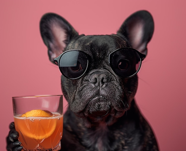 Smart black dog wearing sunglass and drinking a fruit juse stock photos