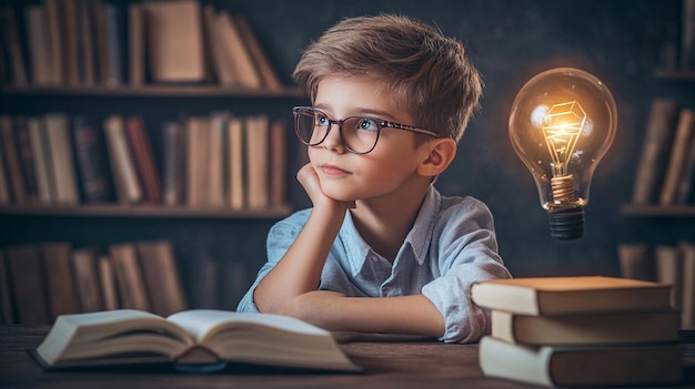 Photo smart boy having idea during studies