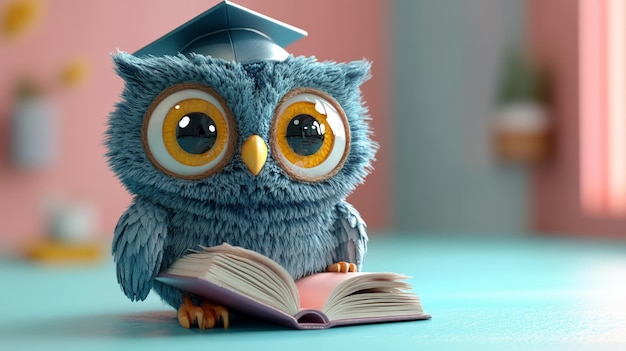 Photo smart cartoon owl character in 3d design