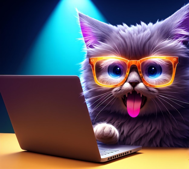 Smart cat in glasses with open mouth sitting at laptop Generative AI