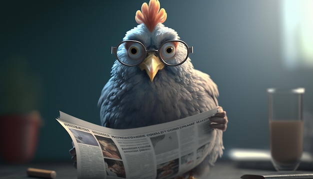 The Smart Chicken Reading the Daily News with Glasses