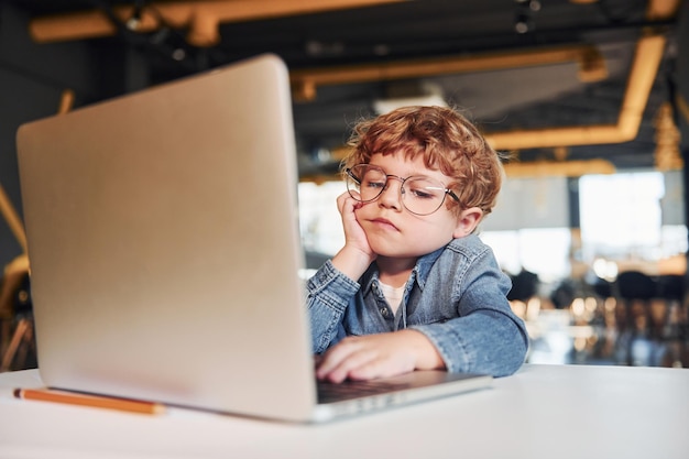 Smart child in casual clothes and in glasses using laptop for education purposes