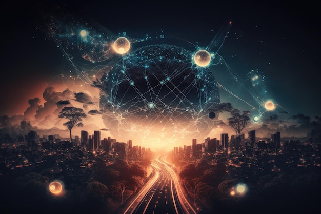 Smart cities the internet of things and big data technology are related concepts Atoms are connected by neural networks which also obscure the backdrop of city traffic flare like lighting effect