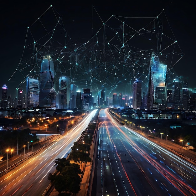 Smart city and abstract polygon pattern connection with speed line light Generative Ai