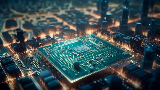 Smart city on circuit board background Futuristic cyberspace concept Generative AI