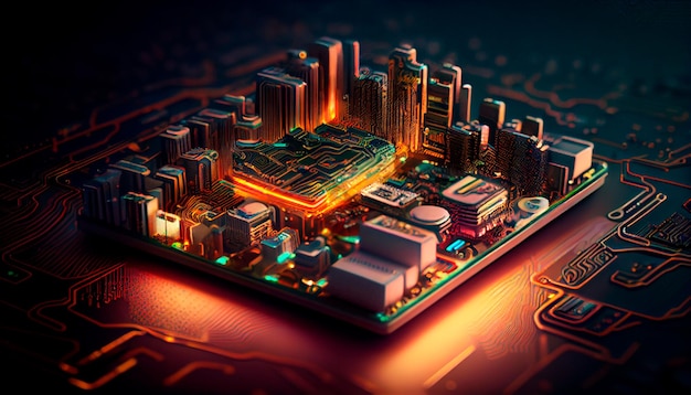 Smart city on circuit board background Futuristic cyberspace concept Generative AI