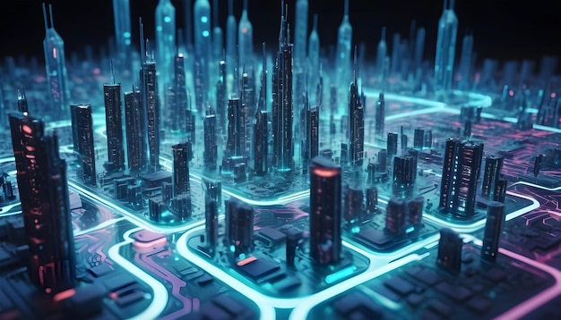 Smart City On Circuit Board Background Futuristic Cyberspace Concept