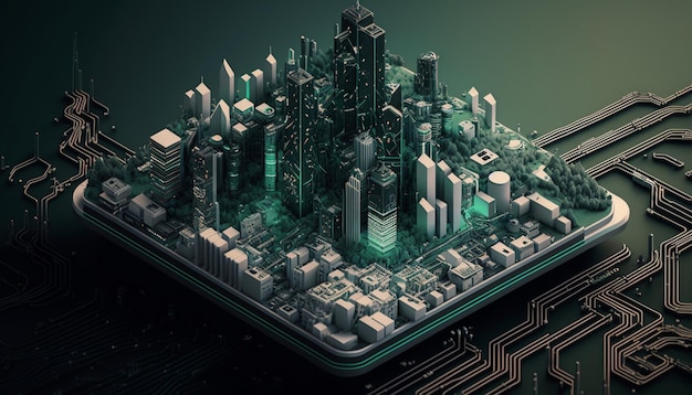 Smart city on circuit board background Generated AI