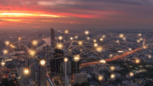 Smart city and communication network internet of things connection metaverse technology