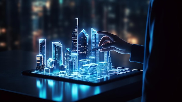 Smart city concept with modern buildings and digital tablet screen