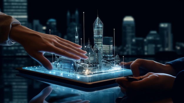 Smart city concept with modern buildings and digital tablet screen