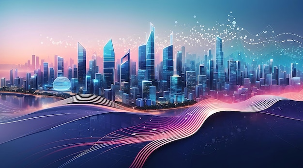 Smart city dot point connect with gradient line and aesthetic Intricate wave line design