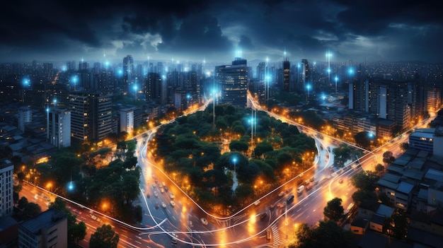 Smart city idea with wireless communication network Digital network connections may be spotted aro